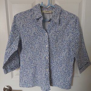 Laura Petite Blue Flower Print Button Down Stretchy 3/4 Sleeve Shirts(Gils M)